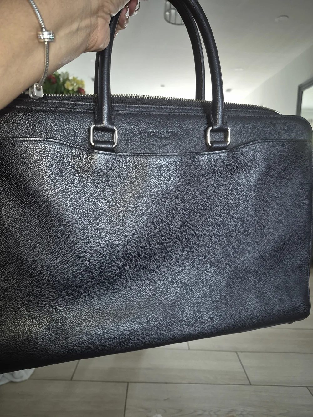 Coach Black Pebbled Leather Work Briefcase with Silver-Tone Hardware